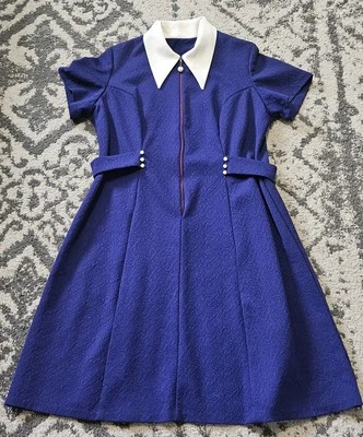 Vestido vintage década de 1970 índigo e branco gola pontiaguda com zíper frontal - Imagem 1 de 3