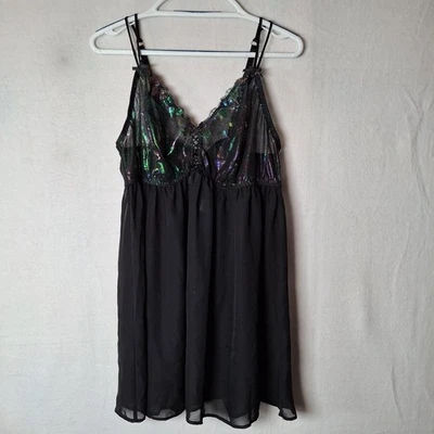 Babydoll Cacique de Gasa Transparente Chemise 18/20 Negro Iridiscente Metálico Encaje Top Foto 1 de 4
