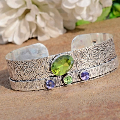 Faceted Peridot & Amethyst Cut Gemstone 925 Sterling Silver Big Bangle Cuff - Image 1 of 4