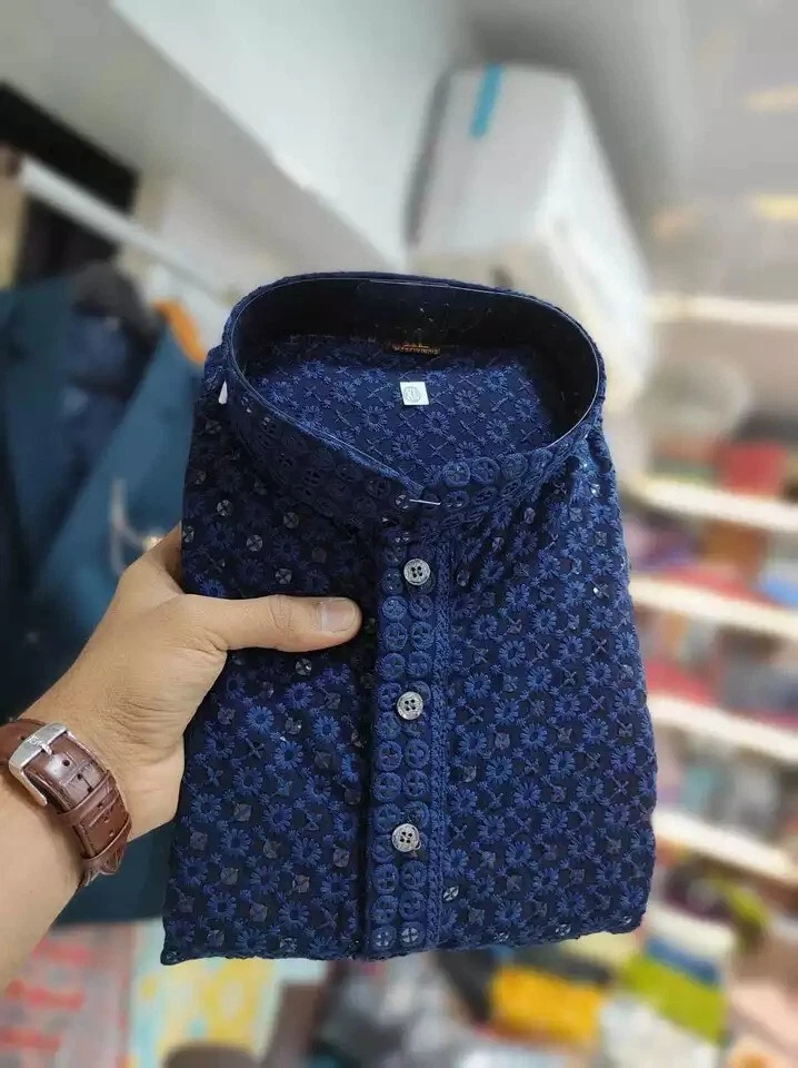 Pijama Kurta étnico paquistaní indio Chikankari trabajo espejo trabajo para hombre Foto 1 de 4