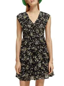 Scotch & Soda Mini Dress Womens 36 Black Dandelion Floral V-Neck Sleeveless NEW - Picture 1 of 15