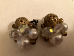 orecchini clip a grappolo perle finte, trasparenti e tono oro vintage estate - Foto 1 di 2