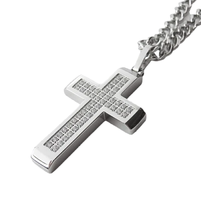 Новые мужские из нержавеющей стали крест подвеска с кубический цирконий на цепочке ожерелье - Изображение 1 из 4