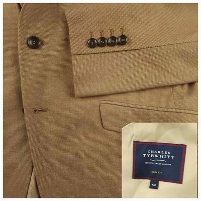 Charles Tyrwhitt Blazer Sport Coat Mens 42R Pique Cotton Blend Deconstructed Tan - Image 1 of 4