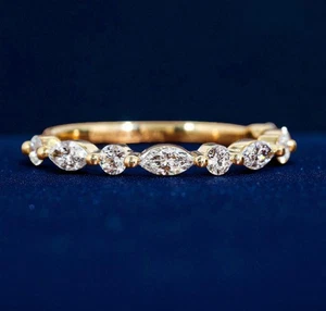 14k Gold Marquise & runder abwechselnder im Labor gezüchteter Diamant Ehering stapelbar - Bild 1 von 4