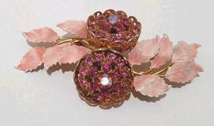 Pink Rhinestone Double Flower Pink Enamel Leaves Gold Tone  Brooch 3 Inch - Picture 1 of 10