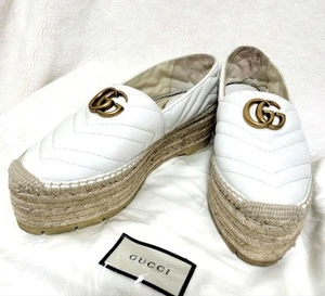 GUCCI GG Logo Espadrilles Slip on Shoes size 38 White Leather Platform - Picture 1 of 24