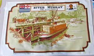River Murray The Early Days Tea Towel Vintage Souvenir Australia Linen Look - Picture 1 of 14