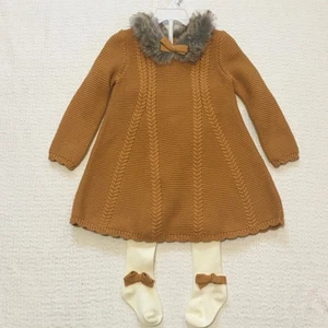 NWOT Tahari Baby Girl's Sweater Dress Outfit w/ Tights 24M Faux Fur Collar - Picture 1 of 4