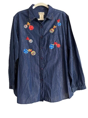 Blusa Bobbie Brooks Azul Metálico Adornos Navidad Abotonada Talla 18W/20W Foto 1 de 4