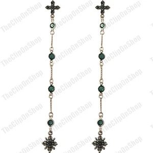 5"long CLIP ON vtg ornate EARRINGS antique gold GOTHIC green black CROSS vintage - Picture 1 of 6