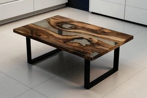 Mesa auxiliar personalizada de resina epoxi transparente - Decoración del hogar de madera hecha a mano única - Imagen 1 de 13
