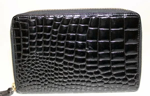 Cartera sin asas 49AV JUNKO SHIMADA Tokyo Paris cuero negro en relieve cremallera alrededor  - Imagen 1 de 7