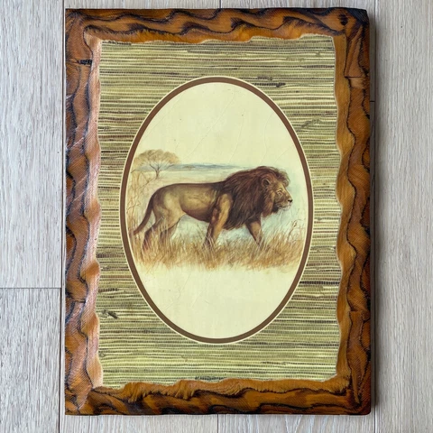 Vintage African Lion Lithograph on Vanished Wood Wall Hanging - 16" x 12" Cover