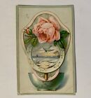 Antique Hatchet Baking Powder Ad Trade Card Embossed Bluebird Pink Roses Winter