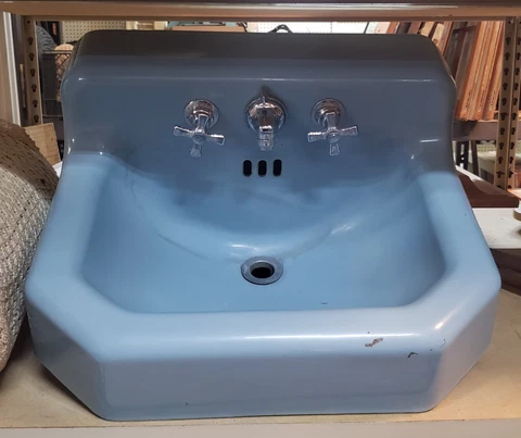 Vintage Blue Cast Iron Wall Mounted Sink with Chrome Legs Cover