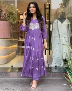 Women Printed & Embroidered Rayon Anarkali Kurta and Pant Set - Picture 1 of 4