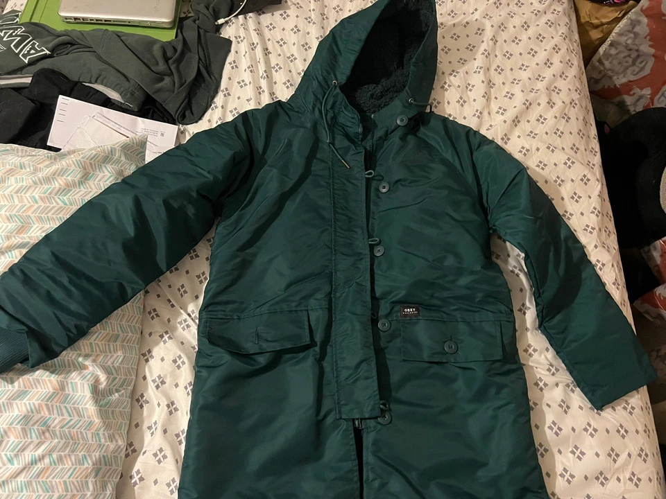 obey fox trot parka winter hoodie green - Image 1 of 4