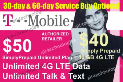 Preloaded T-Mobile SIM Card w/ 1&2 Month $15/$25/$40/$50 Prepaid Plan 5G/4G LTE  - Image 1 of 4