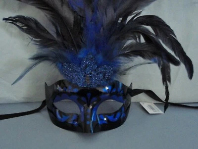 Blue & Black High Gloss Venetian Party Masquerade Mask With Long Feathers * NEW - Image 1 of 3