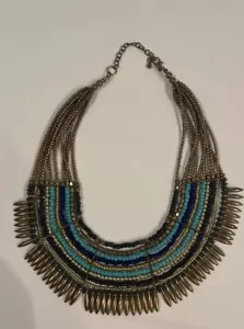 Egyptian Revival Bib Collar Necklace Multicolor Beads Rhinestones Gold Tone - Picture 1 of 7