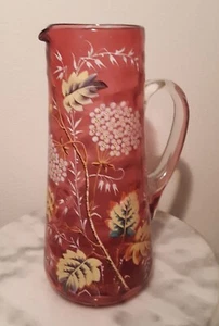 Victorian Art Glass Bohemian Cranberry Tankard Pitcher Enamel Floral Decoration - Picture 1 of 3
