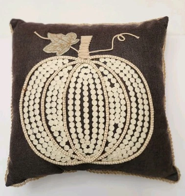Pillow Embroidered Pumpkin Hopsack-Look Brown Rustic 17x17" EUC - Image 1 of 4