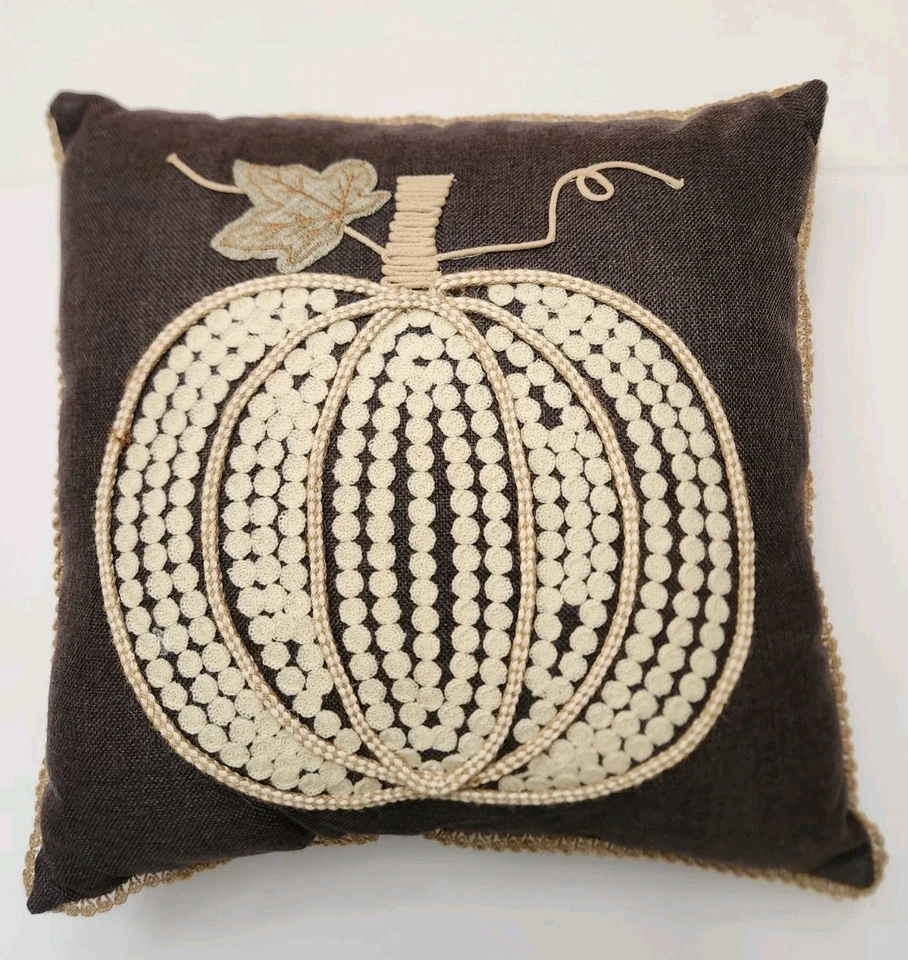 Pillow Embroidered Pumpkin Hopsack-Look Brown Rustic 17x17" EUC - Image 1 of 4