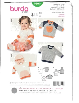 Burda Kids 9399 Sewing Pattern Sweatshirt Jacket 3 Variations 1M-18M Seam/Hem - Image 1 of 4