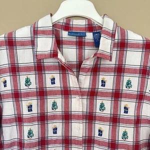 Vintage Christmas Embroidered Button Shirt Women XL Plaid Red White Green Festiv - Picture 1 of 7
