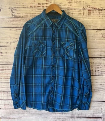 Camisa BKE Hebilla Para Hombre L Cuadros Ajuste Atlético Botón a Presión Azul Occidental Negra Foto 1 de 4