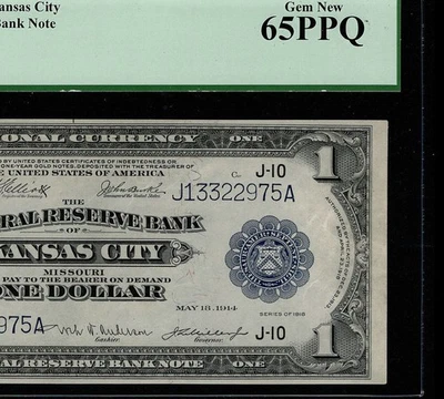 1918 $1 Federal Reserve Bank Note Kansas  CIty Flying Eagle PCGS65 PPQ (FFJ) - Image 1 of 4