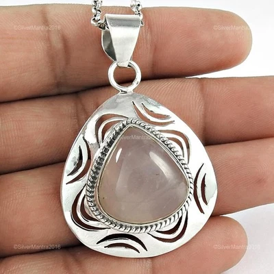 Naturale Quarzo Rosa 925 Argento Sterling Elegante Handmade Figlia Bezel Pendant - Immagine 1 di 4
