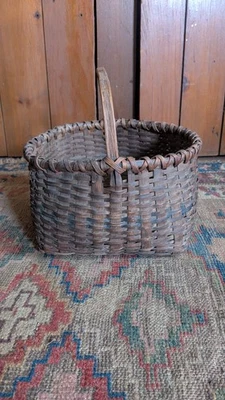 Best Antique Early Primitive Wood Splint Gathering Basket Old Paint 11" - Image 1 of 4