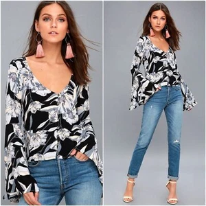 Billabong donna nero floreale botanico lungo campana svolazzante manica M boho casual - Foto 1 di 10