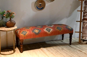 Indian Handmade Kilim Wool Jute Rug Piano Bench - Unique Upholstered Bench - Picture 1 of 9