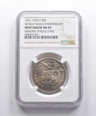 Error MS69 1991-1995-P WWII Commemorative Half Dollar OBV Struck Thru NGC *8775 - Image 1 of 3