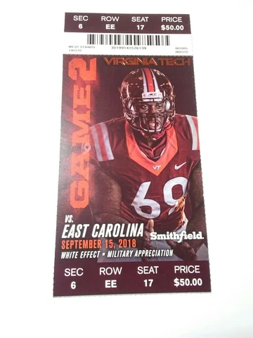 2018 East Carolina Virginia Tech Hokies Football Ticket Stub Cover