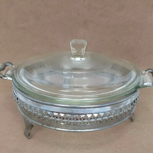 Vtg FireKing Anchor Hocking 437 Casserole Bowl & Lid Silver Filigree Stand 1.5qt - Picture 1 of 12