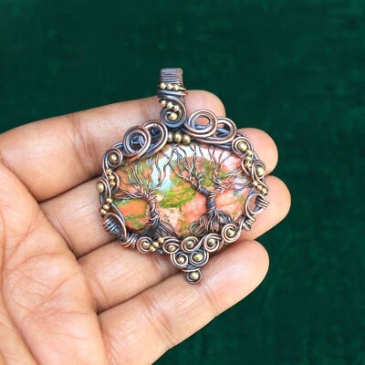 送给爸爸的礼物 Unakite 碧玉树吊坠铜线包裹宝石首饰 N387 — 第 1/4 张图片