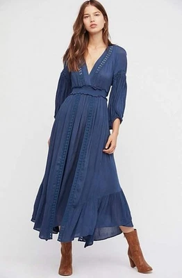 Maxi Vestido Free People Endless Verano Marysia Azul Cuello en V Bohemio Crochet S Nuevo sin Etiquetas Foto 1 de 4