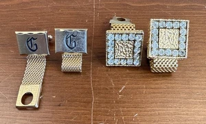 Gold Tone Mesh Cuff Links HICKOK ‘G’ & Unbranded 16 Prong Set Clear Stone VTG - Picture 1 of 9