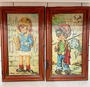 2 RETRO FRAMED SPANISH? PRINTS BIG EYE GIRL & BIG EYE BOY by ALICE c1960s-70s - Picture 1 of 8