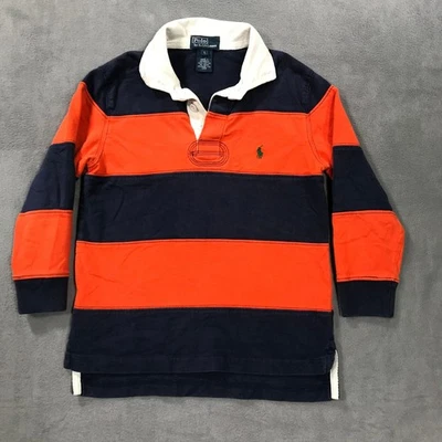 Polo by Ralph Lauren Kids Orange Navy Blue Striped Rugby Shirt Size 5 Vintage - Image 1 of 4