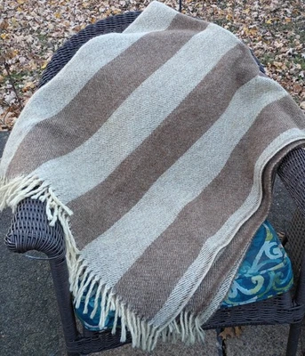 Icelandic Wool Blanket Outside Stadium Fire Pit  LG 60 x 112” Tan & Cocoa Stripe - Image 1 of 4
