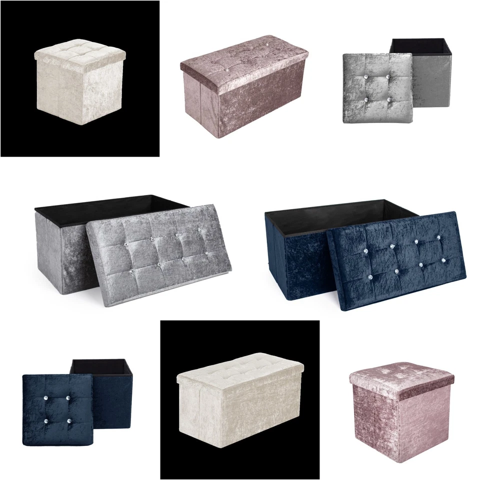 Crushed Velvet Diamante Ottoman Storage Box Folding Seat Stool Home Toys Trunk - Image 1 of 1