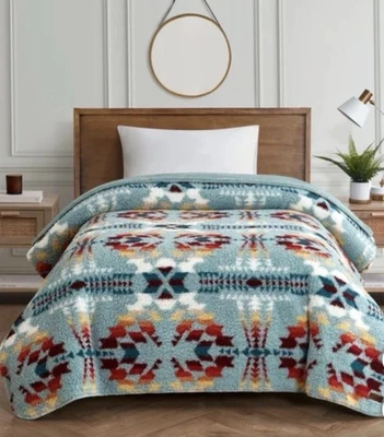 Pendleton Legend Lake Aqua Sherpa Fleece Blanket Queen 98”x92” Aztec Reversible - Image 1 of 4