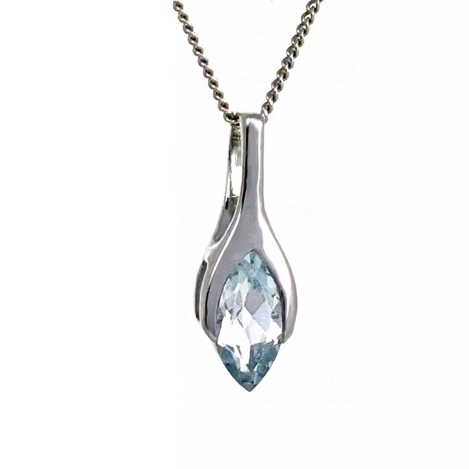 9ct White Gold Aquamarine Necklace Minimalist Marquise Blue Natural Gift - Image 1 of 4