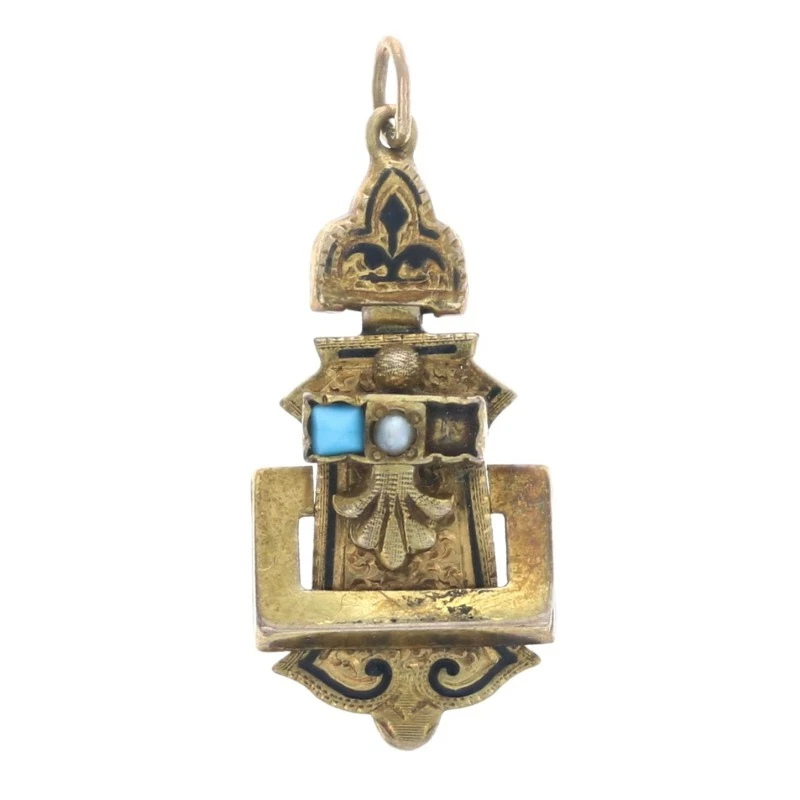 Jaune Perle Or & Simulé Turquoise Victorien Boucle Pendentif 10k Ancien - Photo 1/4