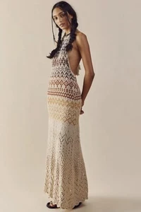 Free People Ikat Oasis Maxikleid Neckholder Häkel Print Strick Rückenfrei Ivory S NEU - Bild 1 von 10